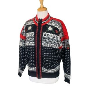 100% wool Obermeyer red black and white floral zip up sweater size small